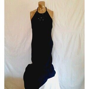 Vintage Y2k Marina Stunning Beaded Halter Neck Floor Lenght Black Evening Dress